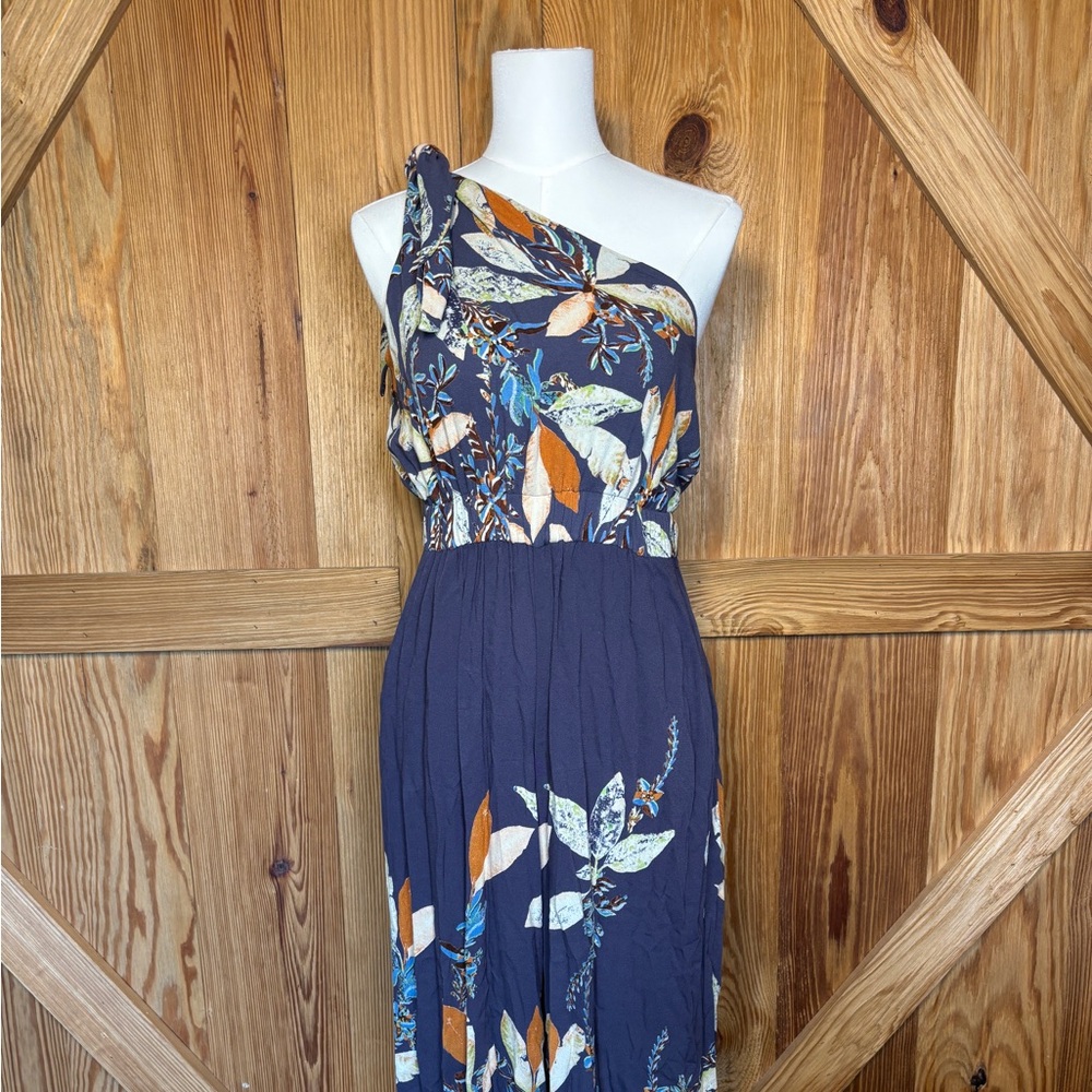 Free People One-Shoulder Dress in Navy and Orange Floral